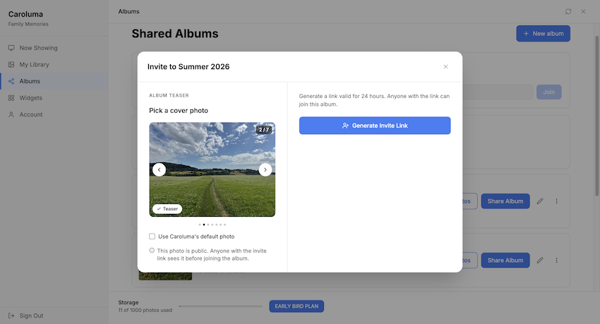 Caroluma Shared Albums panel with invite modal