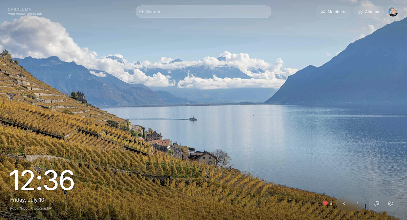 Caroluma new tab — vineyard by the lake